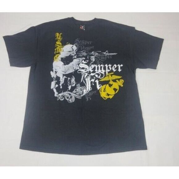 USMC Marines T-Shirt‎ Mens XL. Semper Fi. Armed Soilder Hanes Beefy Black - Picture 1 of 7
